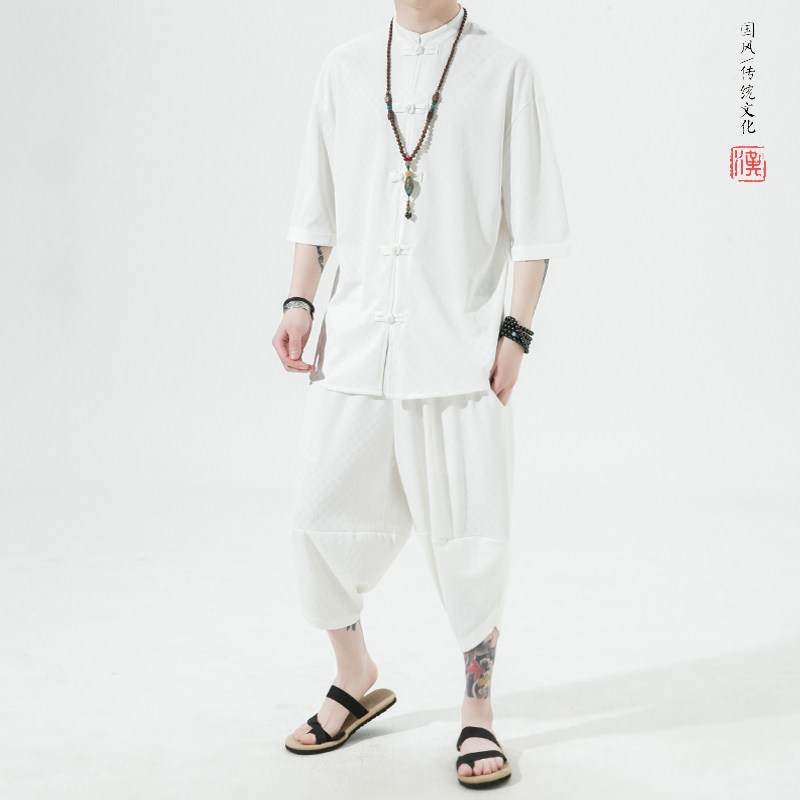 2026风夏季方格提花冰丝垂感短袖汉服套装A9002-p70,男装T恤,钱塘7008(原4008)