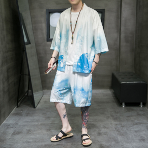 A3029*大码夏季男2021中国风 山水画 沙滩 冰丝面料 汉服套装p80图片