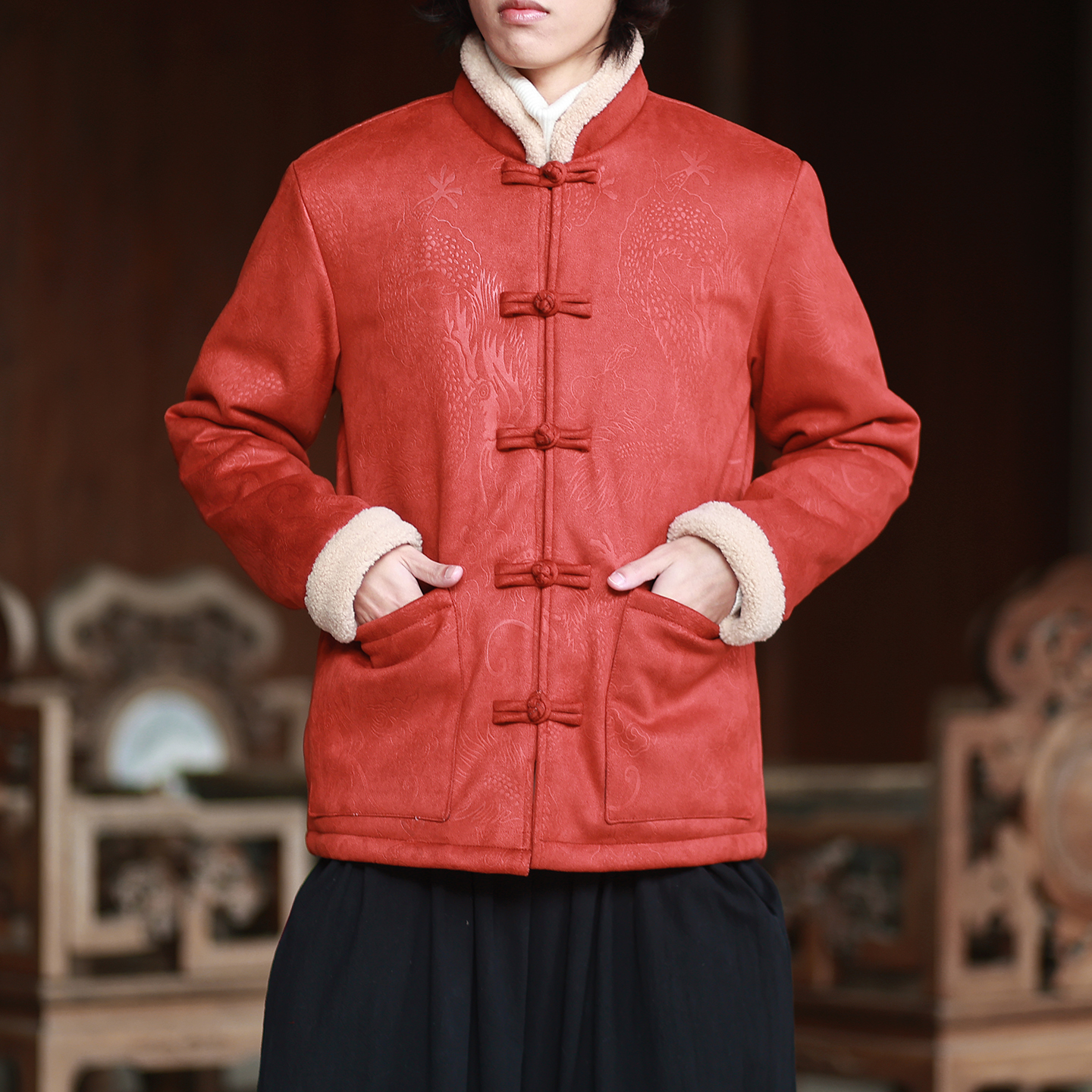 麂皮绒提花龙冬2025新中式盘扣外套唐装红棉衣外套A551-P148，男装棉衣，钱塘7008(原4008)