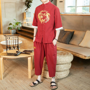 A1040*咖啡厅中国风2021夏款龙凤刺绣 短袖T恤+七分裤套装P100图片