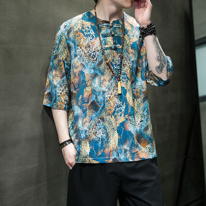 特价A884*冰丝大码风夏2026汉服盘扣男短袖T恤p45,男装T恤,钱塘7008(原4008)
