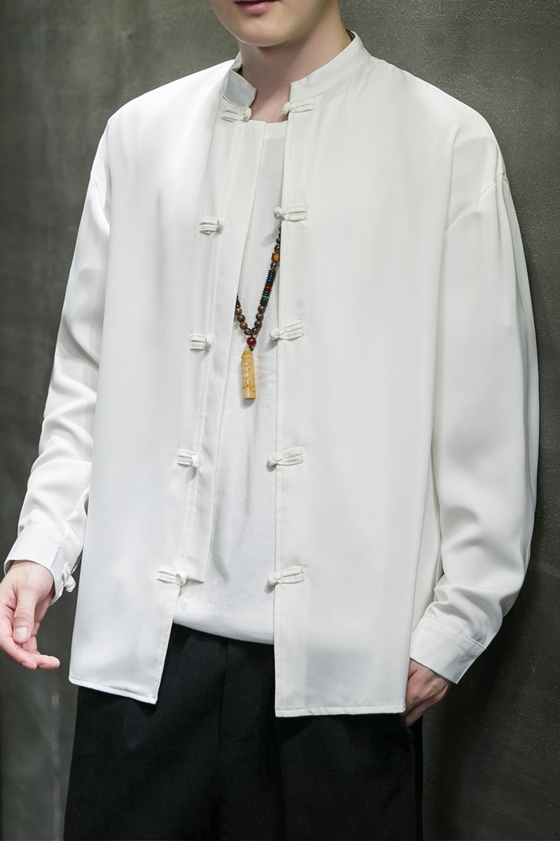 风2026春百搭白色亮面缎纹唐装汉服长袖衬衫A7100*P68,男装衬衫,钱塘7008(原4008)