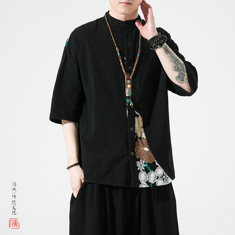 夏2026新中式拼花棉麻风汉服短袖衬衫/衬衣A866-p65,男装T恤,钱塘7008(原4008)