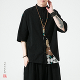 夏2026新中式拼花棉麻风汉服短袖衬衫/衬衣A866-p65，男装T恤，钱塘7008(原4008)