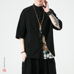 夏2026新中式  拼花 棉麻 风 汉服短袖衬衫/衬衣A866-p65图片