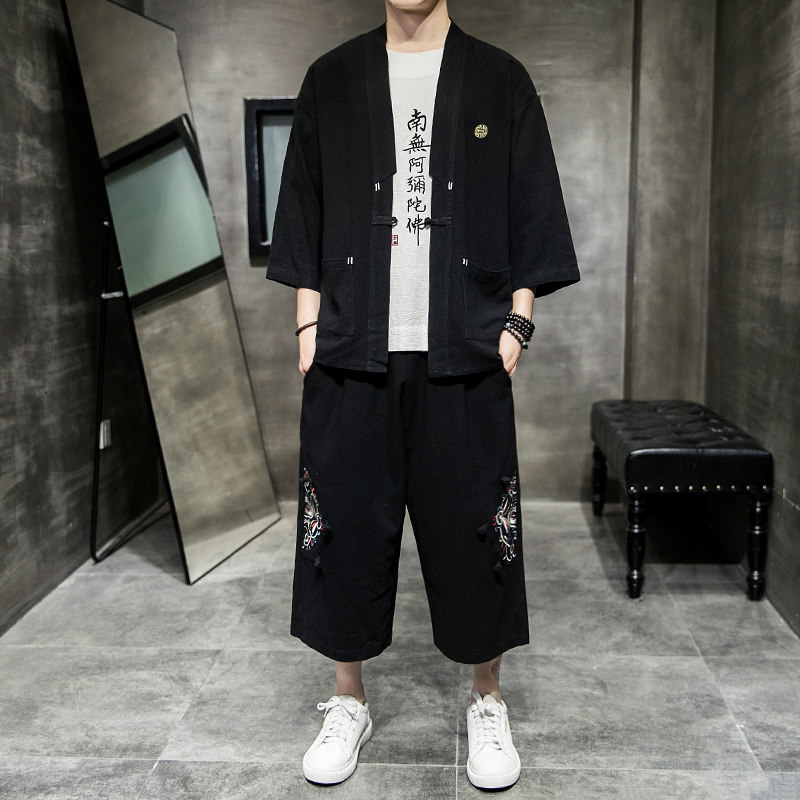 A730*男款2021大码夏季中国风刺绣款开衫套装汉服套装p100,男装休闲套装,钱塘7008(原4008)