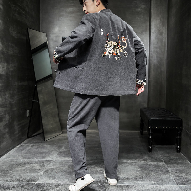 A795中国风2021秋冬盘扣设计年兽印花男汉服套装P100,男装休闲套装,钱塘7008(原4008)