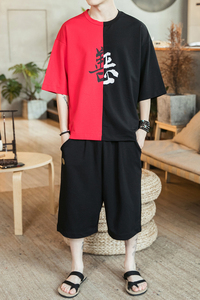 A729*咖啡厅中国风2021 善恶不褪色印花 T恤+七分裤套装P95图片