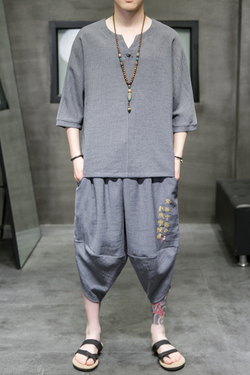 A3002*中国风2021冰丝刺绣款T恤+七分裤哈伦裤套装P90,男装休闲套装,钱塘7008(原4008)