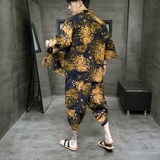 A3003*大码2021中国风夏季男装棉麻印花开衫套装汉服套装p80，男装休闲套装，钱塘7008(原4008)