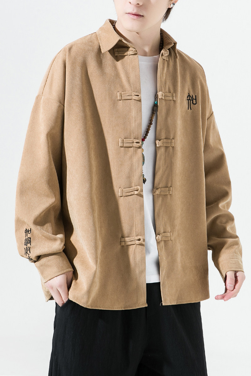 风2026春款刺绣款磨毛汉服盘扣长袖衬衫外套A8005*P65,男装衬衫,钱塘7008(原4008)