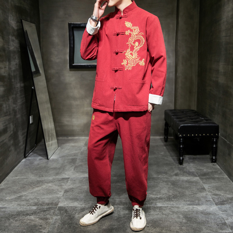 A1007中国风2021飞龙刺绣棉麻盘扣/唐装/汉服套装P130,男装民族服装,钱塘7008(原4008)
