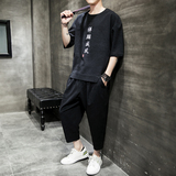 A722*2021夏季麒麟刺绣棉麻T恤+七分裤套装P100，男装休闲套装，钱塘7008(原4008)