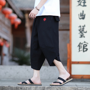 夏新款风2026夏男刺绣宽松棉麻哈伦裤七分裤K08P55