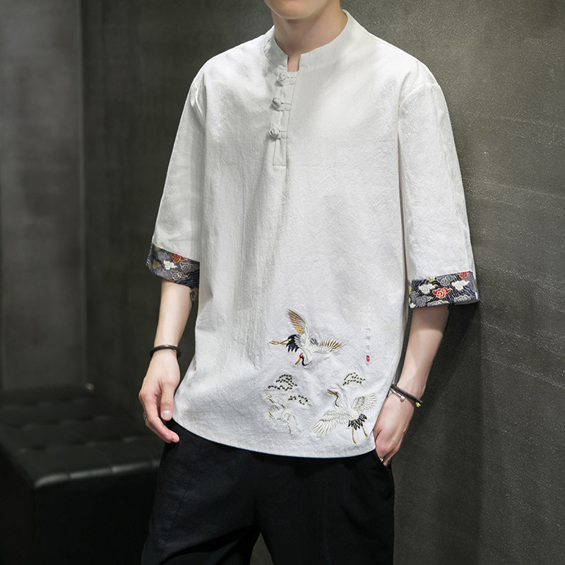 A3022中国风2021夏3色立领仙鹤刺绣盘扣设计短袖T恤p55,男装T恤,钱塘7008(原4008)