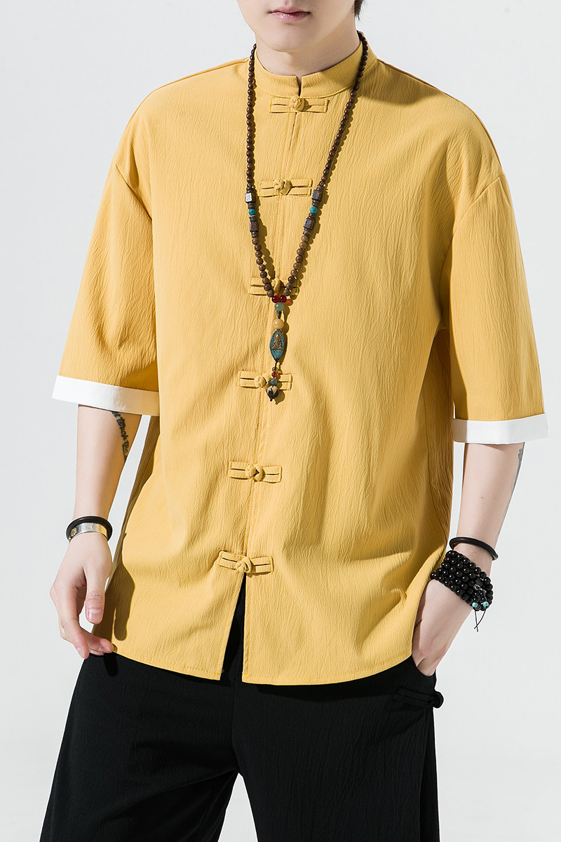 5色夏季2025冰丝抗皱盘扣男短袖衬衫/衬衣A8001*p40,男装T恤,钱塘7008(原4008)