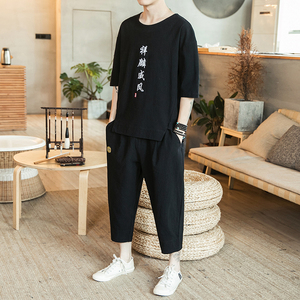 A722*咖啡厅新品2021夏 麒麟刺绣棉麻 T恤+七分裤套装P100图片