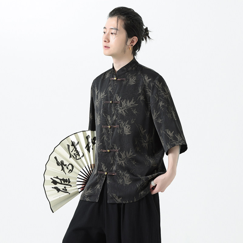 新品压绉冰丝竹子夏2026团购新中式短袖衬衣衬衫A680-p65,男装T恤,钱塘7008(原4008)