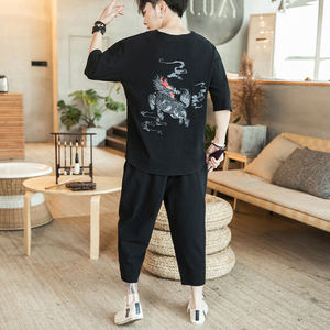 A722*咖啡厅新品2021夏 麒麟刺绣棉麻 T恤+七分裤套装P100图片