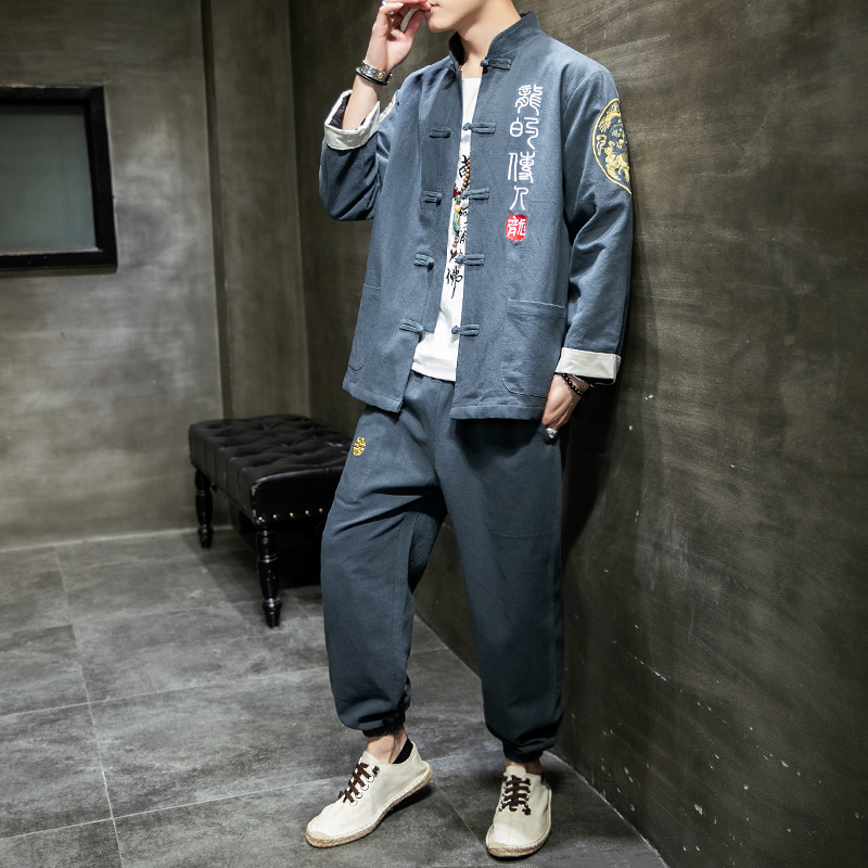 A1003风3色2021双臂刺绣棉麻/唐装/汉服套装，男装民族服装，钱塘7008(原4008)