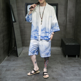 A3005*大码2021中国风沙滩休闲冰丝面料短袖汉服套装p80，男装休闲套装，钱塘7008(原4008)