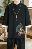 A3015咖啡厅中国风2021扇子刺绣盘扣短袖T恤p55，男装T恤，钱塘7008(原4008)