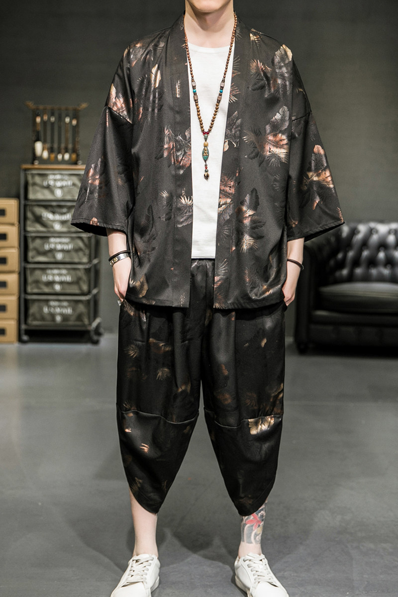 A2022*新2021夏冰丝数码印中国风套装T恤+七分裤P75,男装休闲套装,钱塘7008(原4008)
