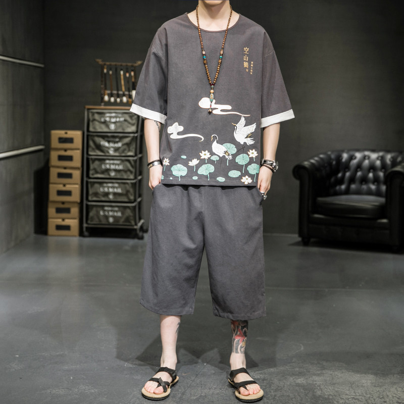A2035*男新品2021主推夏款 荷花莲叶 中国风 T恤套装P75图片