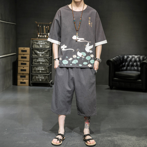 A2035*男新品2021主推夏款 荷花莲叶 中国风 T恤套装P75图片