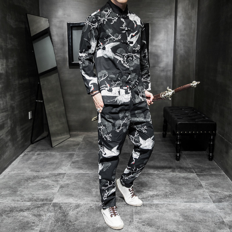 A796*2021秋冬风满身印花仙鹤长袖束脚裤套装，男装休闲套装，钱塘7008(原4008)