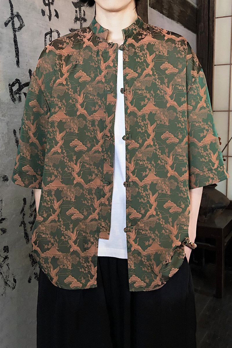 仙鹤提花夏季新品2026风汉服短袖衬衫/衬衣A678-p65,男装T恤,钱塘7008(原4008)