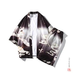 A3028*大码夏021中国风 冰丝套装 沙滩休闲仙鹤印花 汉服套装p80图片