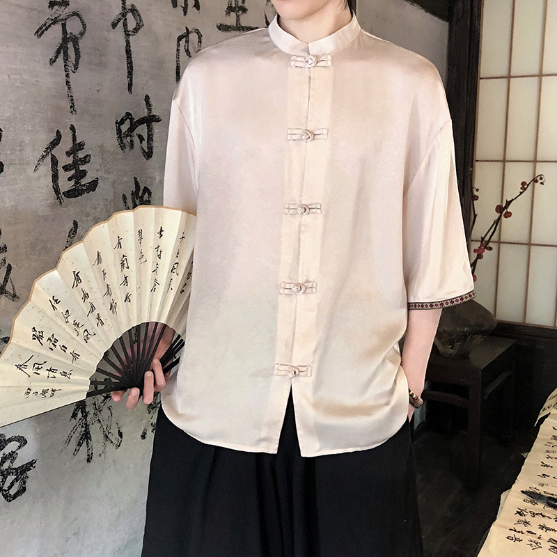 新品夏2025防皱冰丝3色风汉服短袖衬衫/衬衣A670-p60,男装衬衫,钱塘7008(原4008)