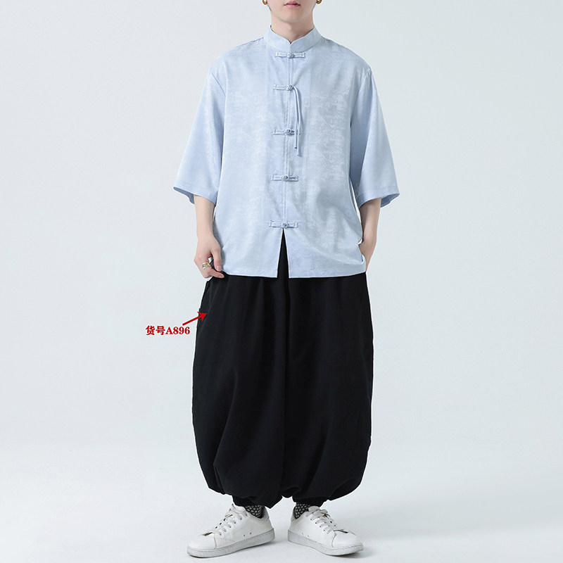 风冰丝面料夏季2025新中式短袖汉服/唐装衬衫A627*p65,男装衬衫,钱塘7008(原4008)