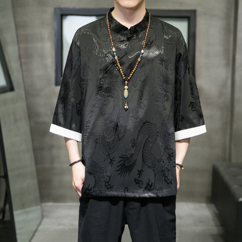 A3012中国风2021夏冰丝 龙提花 斜扣立领设计 宽松短袖T恤p50图片