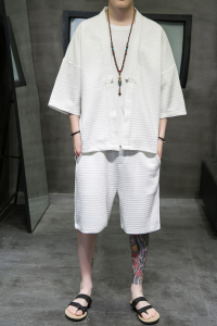 A3026*夏季大码2021中国风  华夫格爆款 男开衫汉服套装p85图片