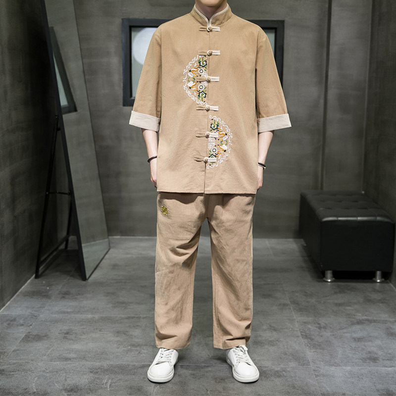 A3000*中国风大码2021夏  半圆刺绣 落肩短袖T恤+长裤套装P100图片