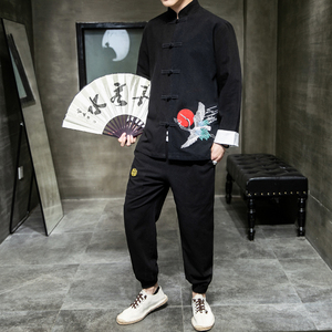 A1013大码秋冬2020 飞鹤刺绣 棉麻盘扣/唐装/汉服套装P130图片