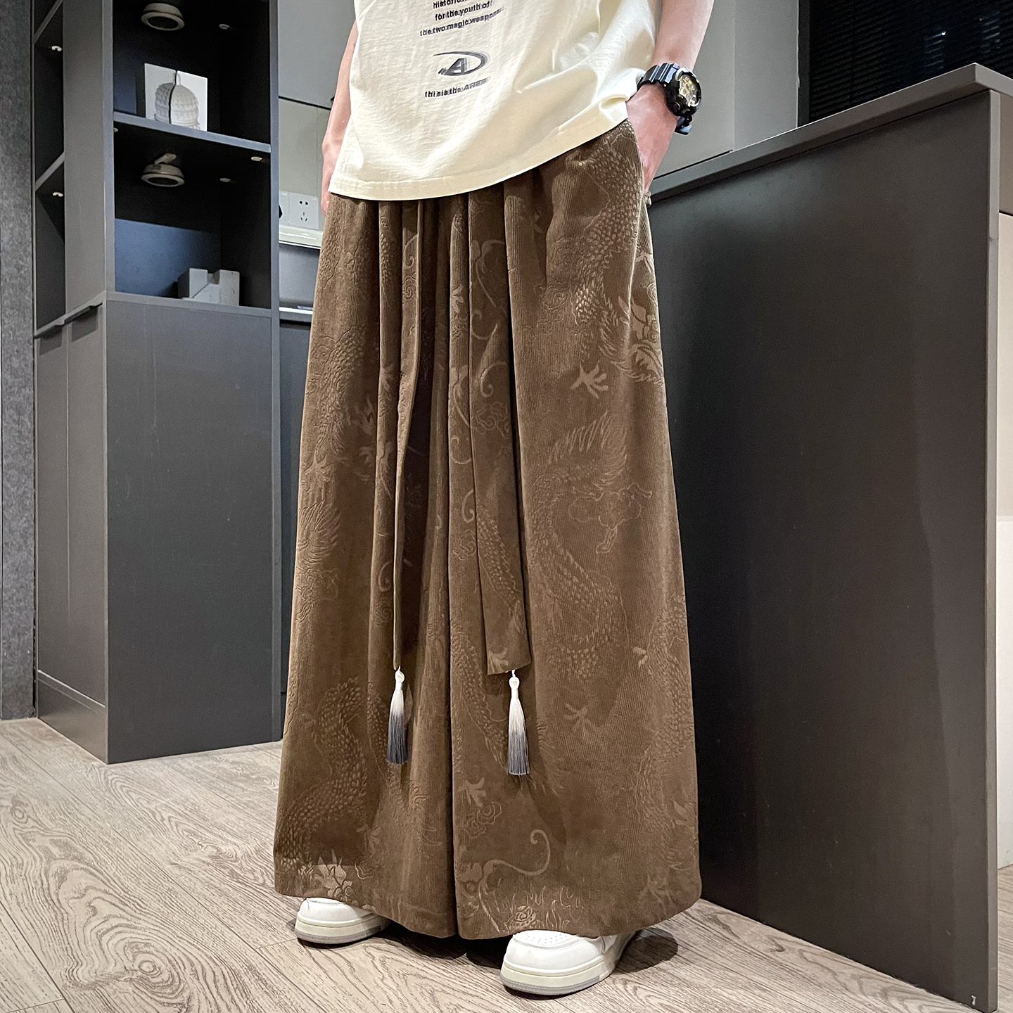 提花龙灯芯绒2025秋新中式宽松版阔腿裤长裤休闲裤A535-p75，男装休闲裤，钱塘7008(原4008)