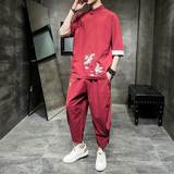 风2026夏仙鹤刺绣棉麻T恤+九分裤短袖套装A736-P100，男装T恤，钱塘7008(原4008)