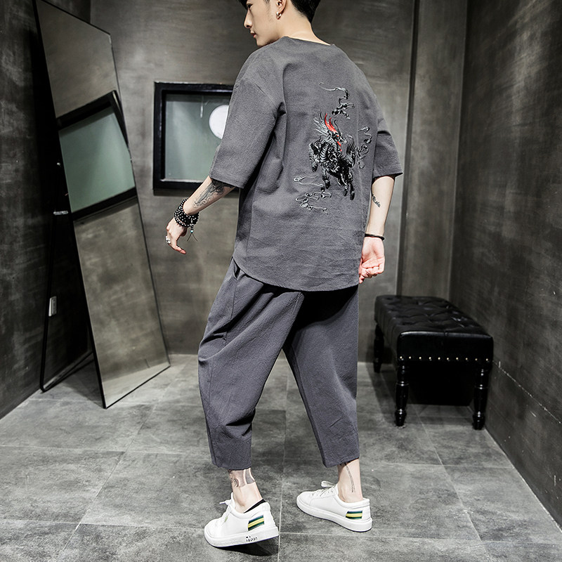 A722*2021夏季麒麟刺绣棉麻T恤+七分裤套装P100，男装休闲套装，钱塘7008(原4008)