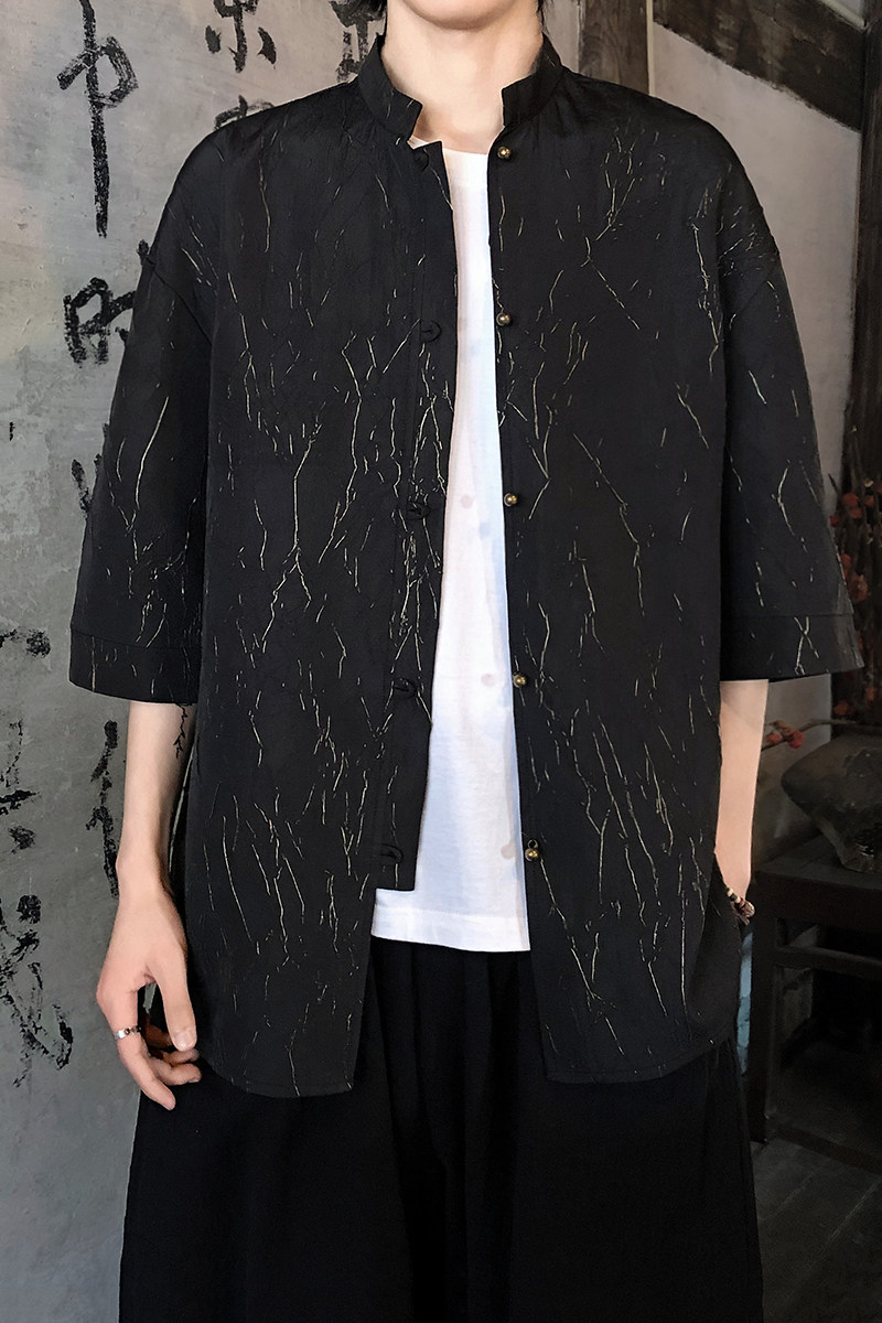 烫金褶皱设计夏季新品2026风汉服短袖衬衫/衬衣A811-p65,男装T恤,钱塘7008(原4008)