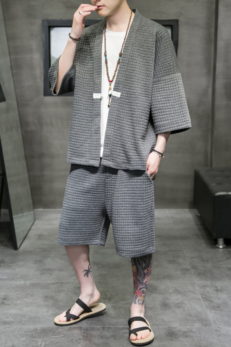 A3026*大码2021中国风华夫格爆款短袖开衫汉服套装p85,男装休闲套装,钱塘7008(原4008)