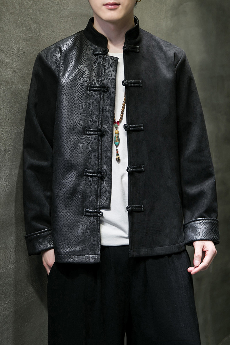有货2026春盘扣风撞色拼接麂皮绒唐装/汉服A852*P100,男装民族服装,钱塘7008(原4008)