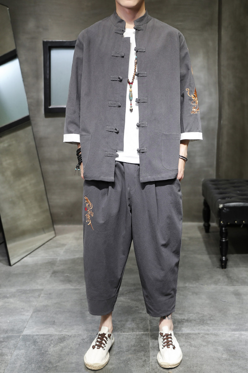 2026夏天新风大龙刺绣款开衫盘扣汉服套装特价A1072-p70,男装休闲套装,钱塘7008(原4008)