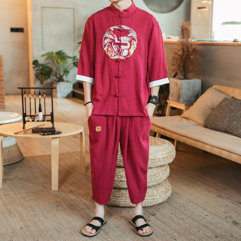 A733*人气2021大码中国风刺绣款侧口袋盘扣汉服套装p100，男装休闲套装，钱塘7008(原4008)