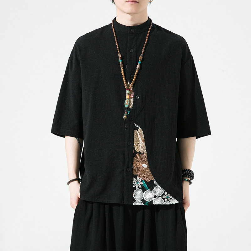 夏2026新中式拼花棉麻风汉服短袖衬衫/衬衣A866-p65,男装T恤,钱塘7008(原4008)