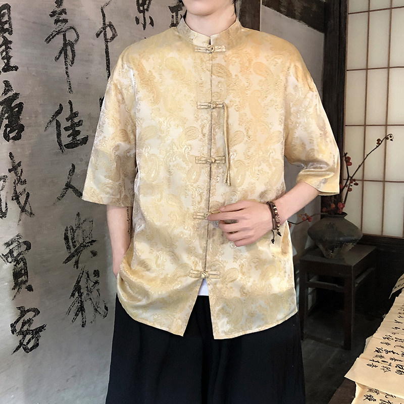 2色八角提花夏季新品2026风汉服短袖衬衫/衬衣A686-p48,男装T恤,钱塘7008(原4008)