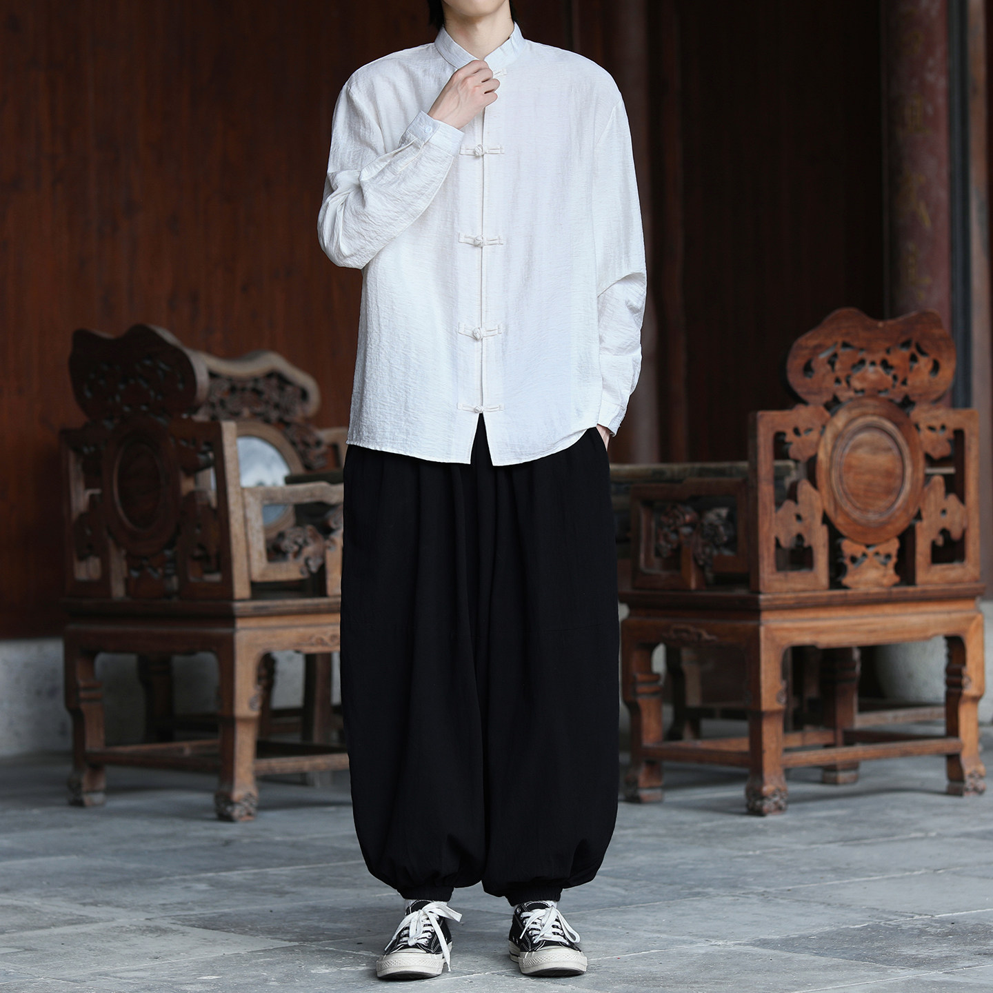棉麻衬衫2025秋亚麻新中式风盘扣长袖衬衫A5803*P65,男装衬衫,钱塘7008(原4008)