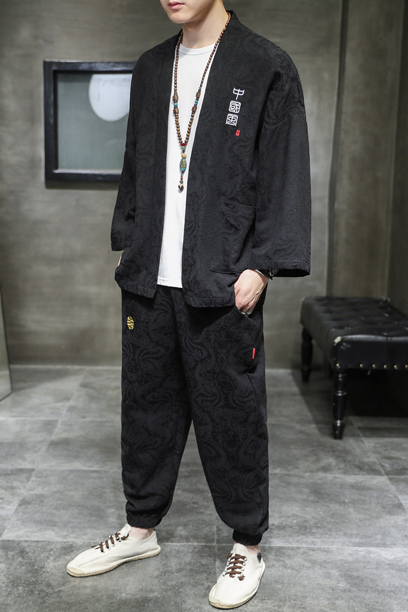 A1085*春夏2021大码中国风提花款龙凤开衫汉服套装p100,男装休闲套装,钱塘7008(原4008)